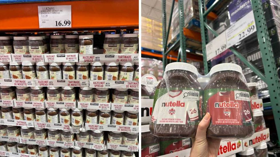 jars of \u200bKirkland Signature hazelnut spread. Right: person holding jars of Nutella at Costco.