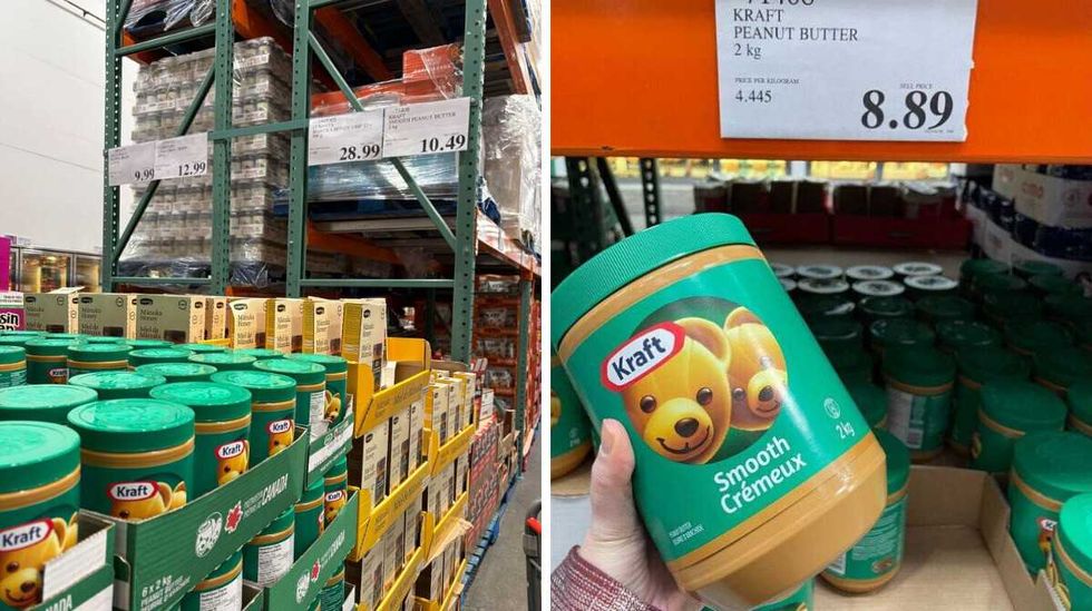 jars of \u200bKraft peanut butter at Costco. Right: person holding jar of Kraft peanut butter at Costco in 2023.