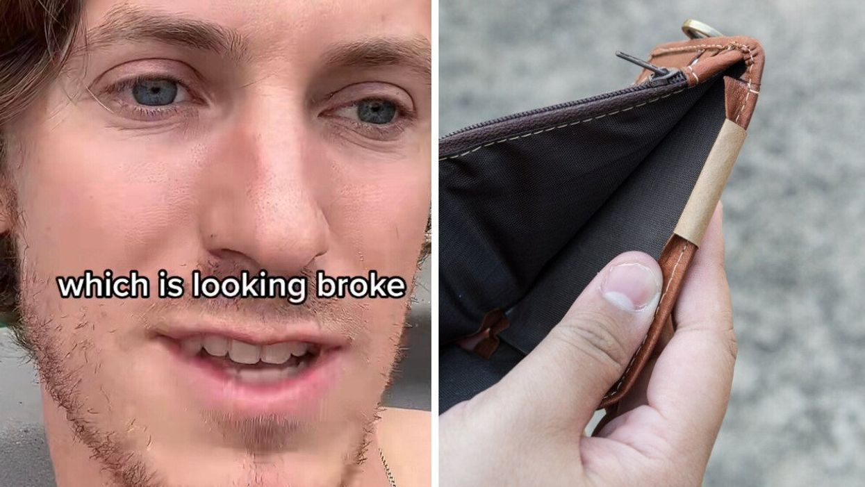 Jashi in his viral TikTok video. Right: A person holding an empty wallet.