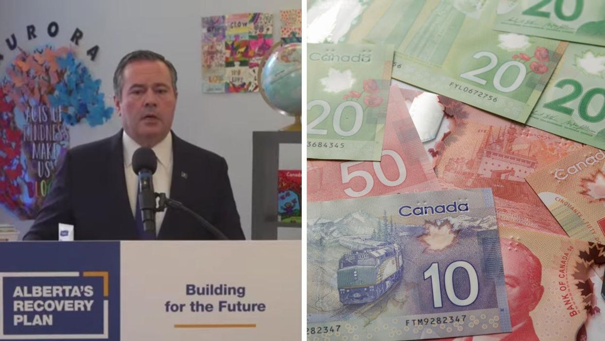 Jason Kenney at a press conference. Right: Canadian money.