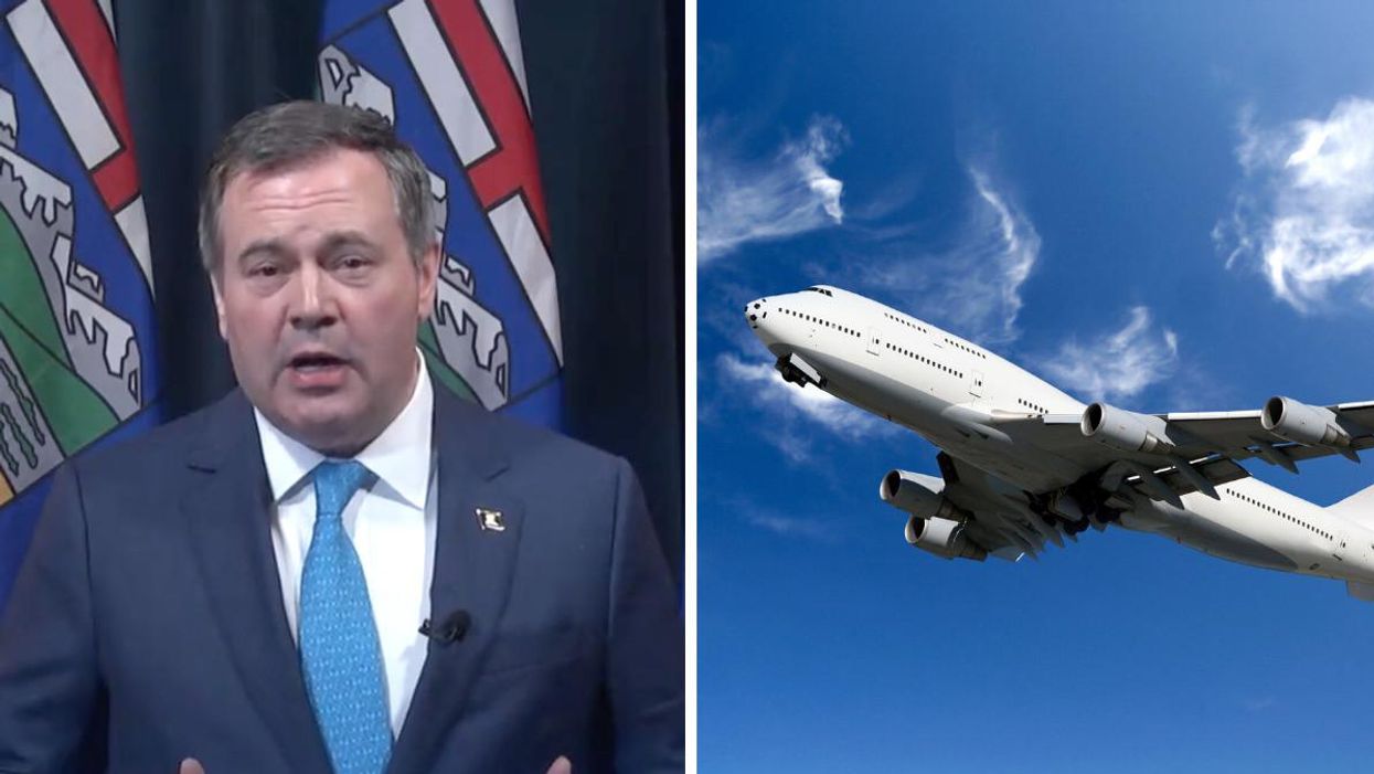 Jason Kenney calls for an end to Canada's travel restrictions. Right: A plane takes flight.