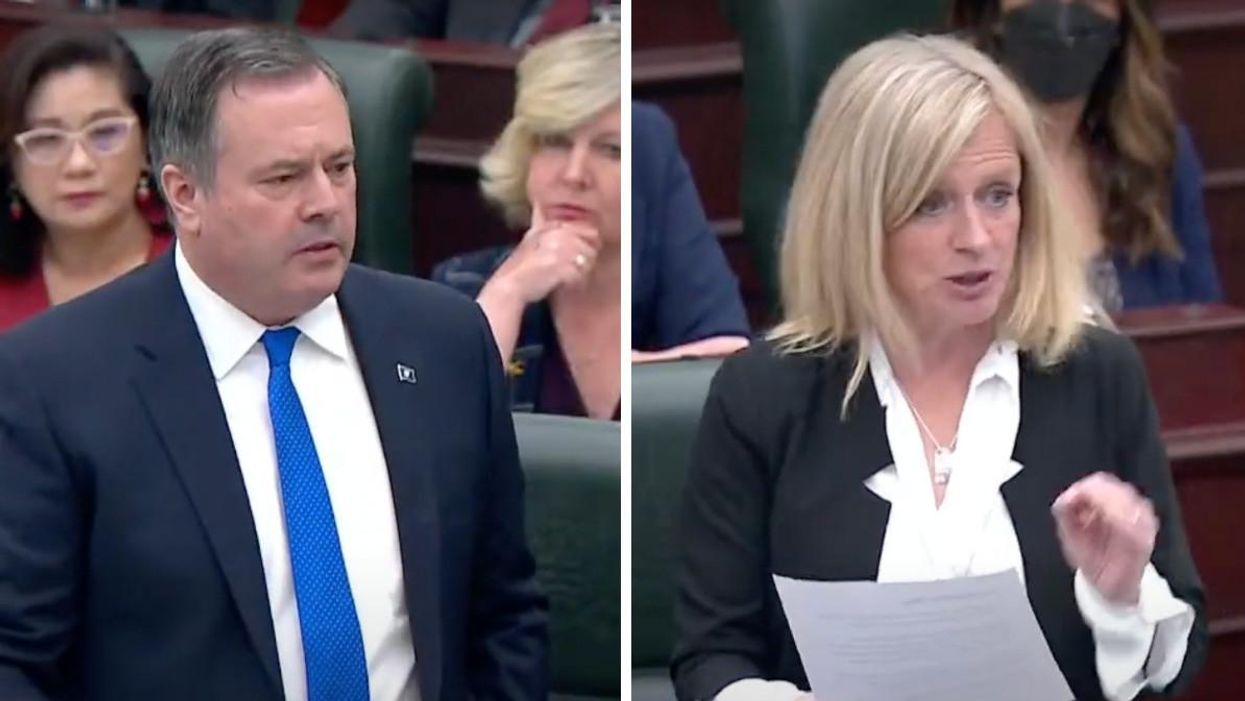 Jason Kenney in the Legislative Assembly. Right: Rachel Notley in the Legislative Assembly.