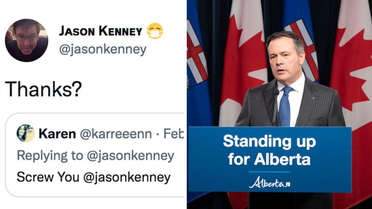 Jason Kenney posts a reply on Twitter and, right, the Alberta Premier Jason Kenney makes an announcement
