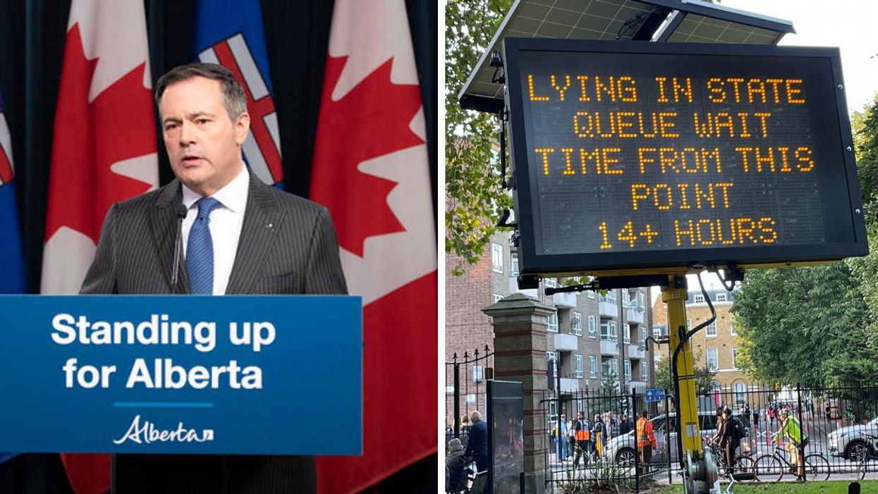 Jason Kenney. Right: A photo of the waiting time to see the queen.