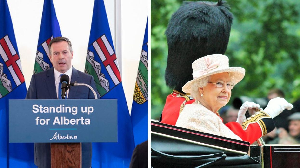 Jason Kenney. Right: Queen Elizabeth II.