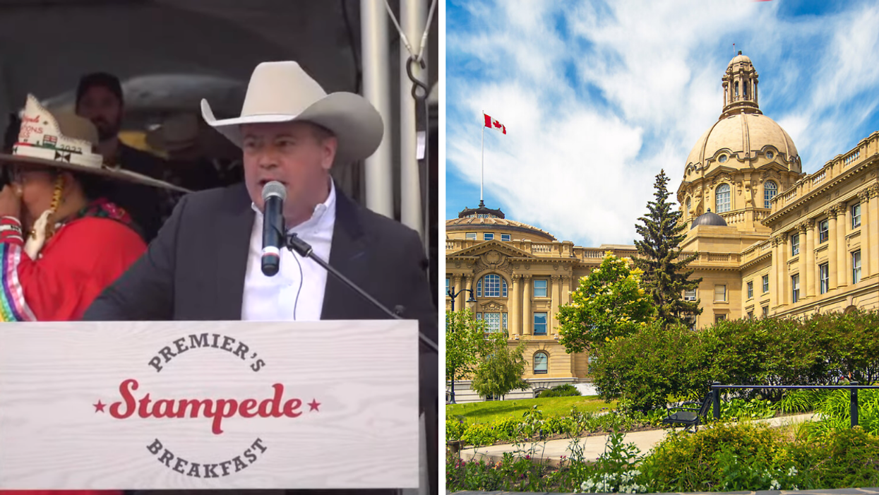 Jason Kenney. Right: The Alberta Legislature.