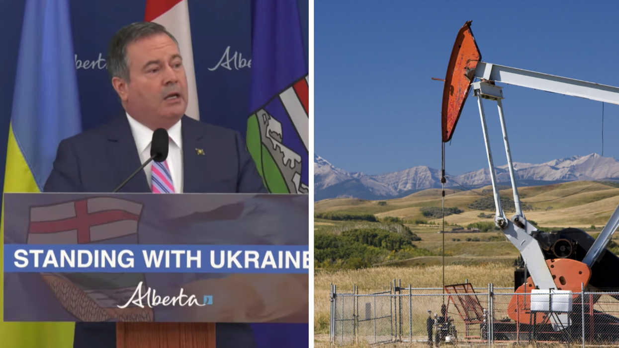 Jason Kenney speaking about the Russian invasion of Ukraine. Right: An Alberta oil well pump.