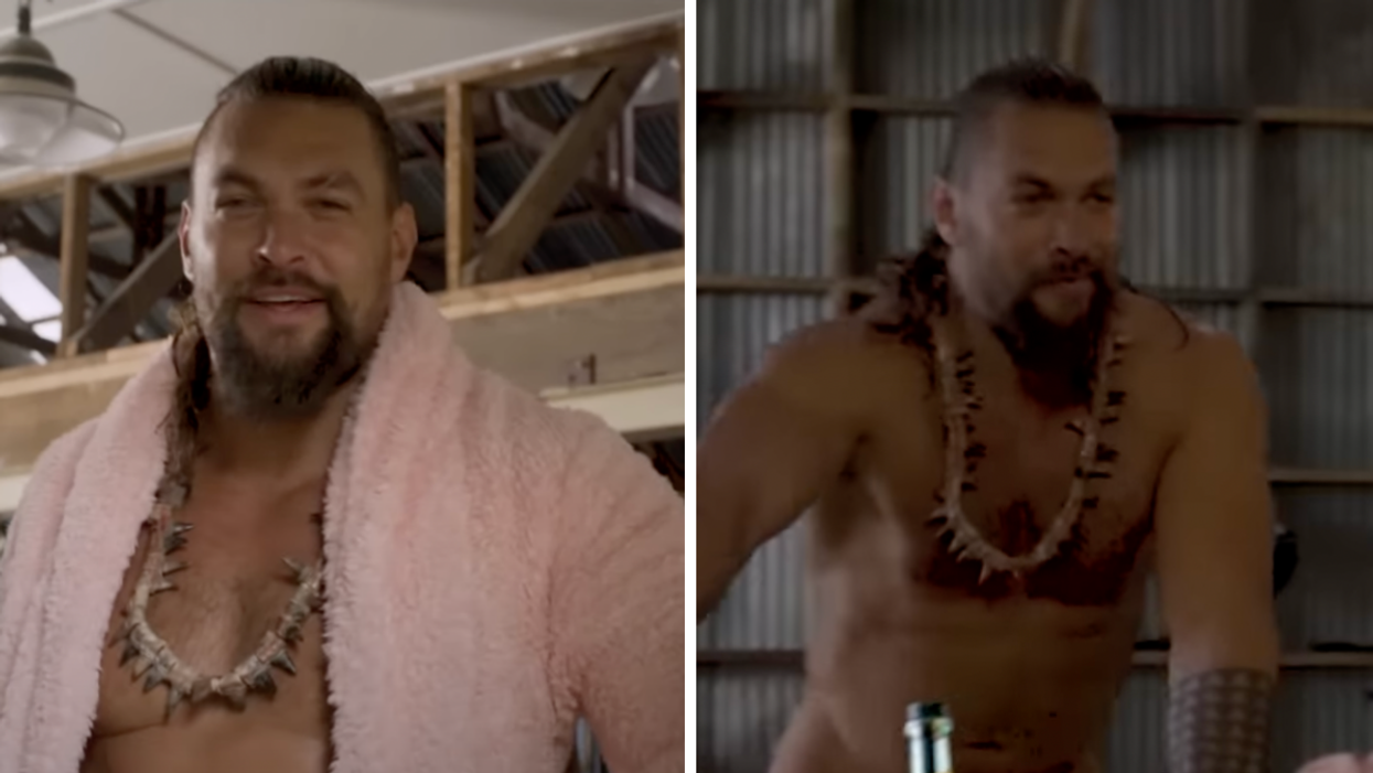 Jason Momoa In a pink robe. Right: Jason Momoa riding a bike.