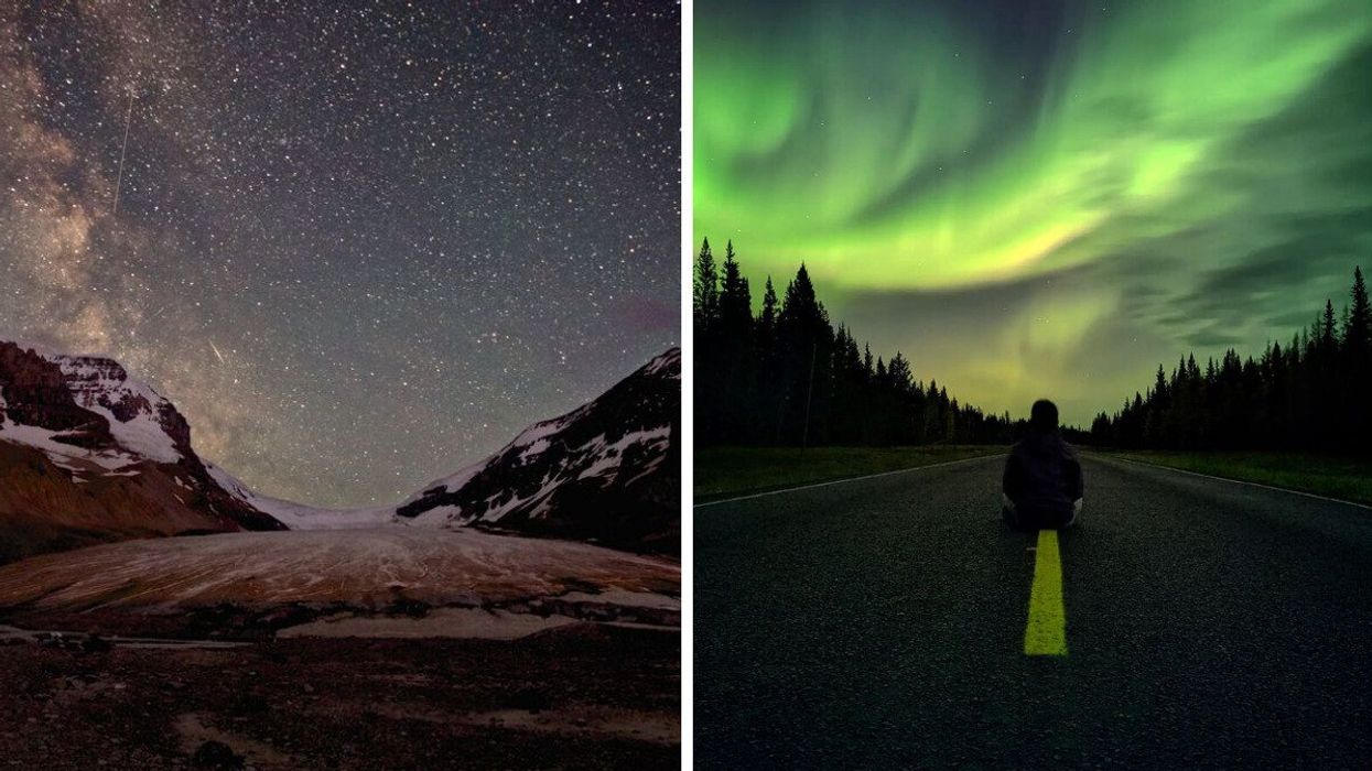 Jasper National Park. Right: A person looks at the northern lights at Wood Buffalo National Park.