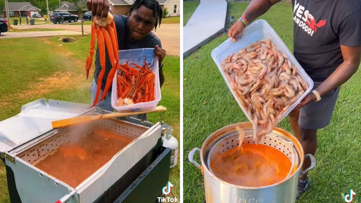 Javaris Donnett holding crab legs above his boiler. Right: Donnett pouring shrimp into his boiler.