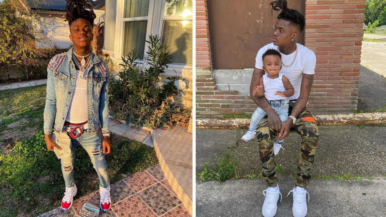 JayDaYoungan posing in a denim jacket. Right: JayDaYoungan and his toddler son.