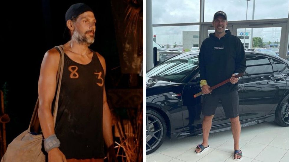 Jean-Junior Morin se tenant debout et portant une camisole noire avec les chiffres 8 et 3 dessus. Droite : Jean-Junior Morin se tenant debout devant une voiture noire.