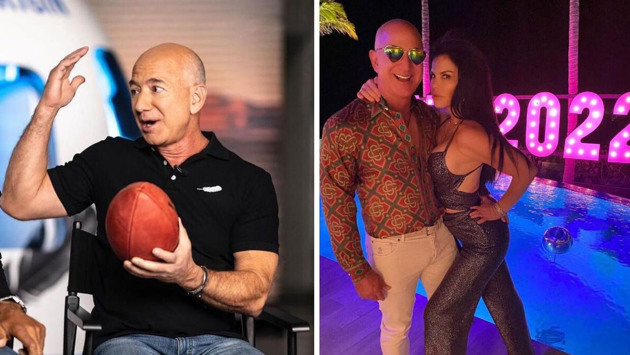 Jeff Bezos. Right: Jeff Bezos and Lauren Sanchez.