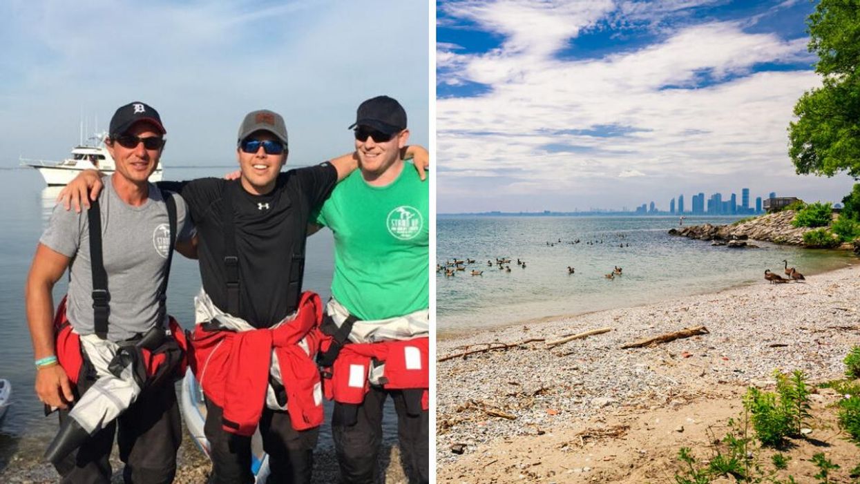 Jeff Guy, Joe Lorenz and Kwin Morris standing in front of Lake Erie. Right: Lake Ontario from Toronto shores.