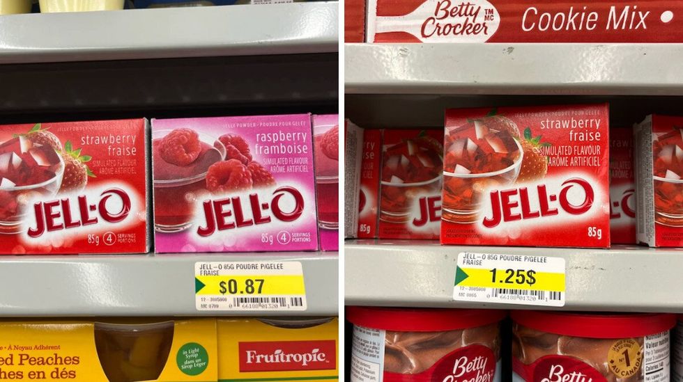JELL-O \u00e0 0,87 $. Droite : JELL-O \u00e0 1,25 $.