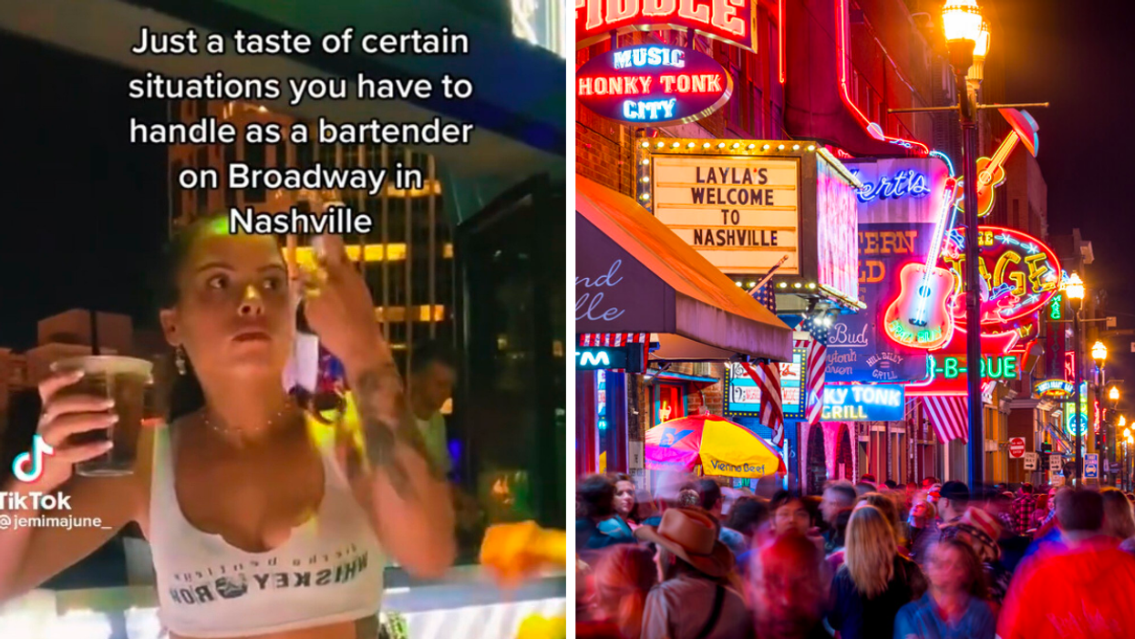 Jemima June handling drinks at the Whiskey Row Nashville bar. Right: People walking on Broadway St. in Nashville, TN.