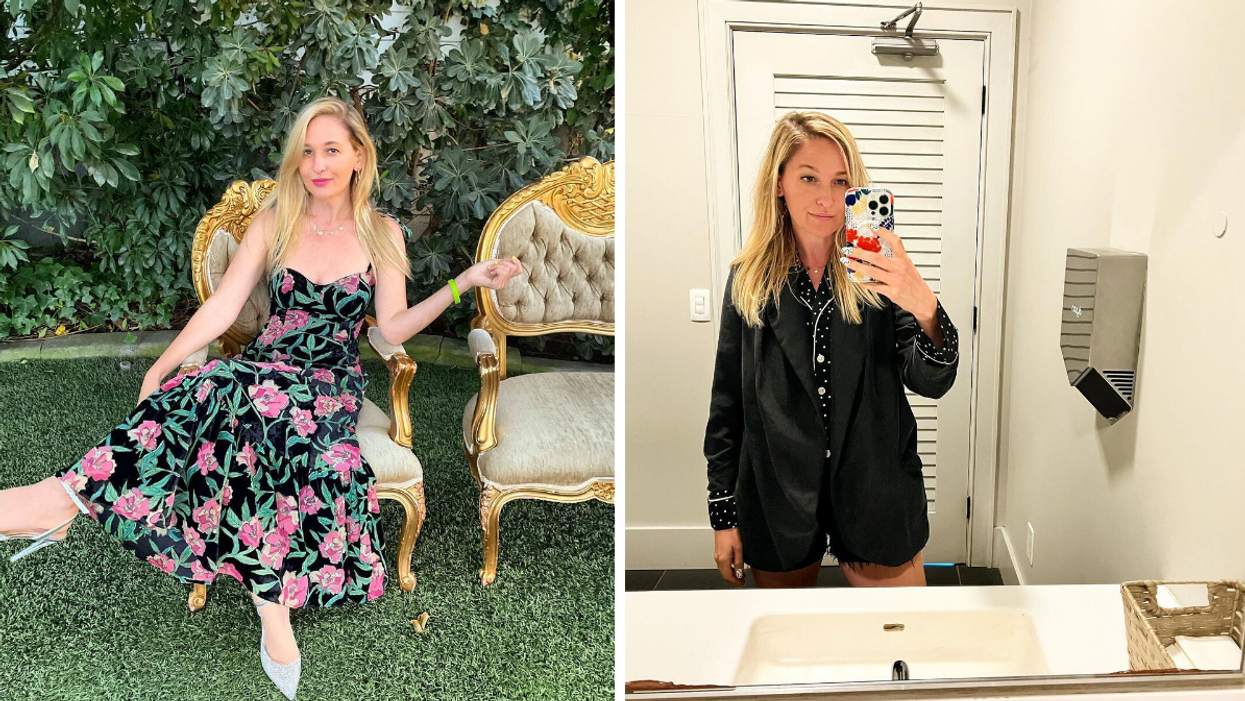 Jen Glantz in a dress sitting down. Right: Jen Glantz in pajamas.