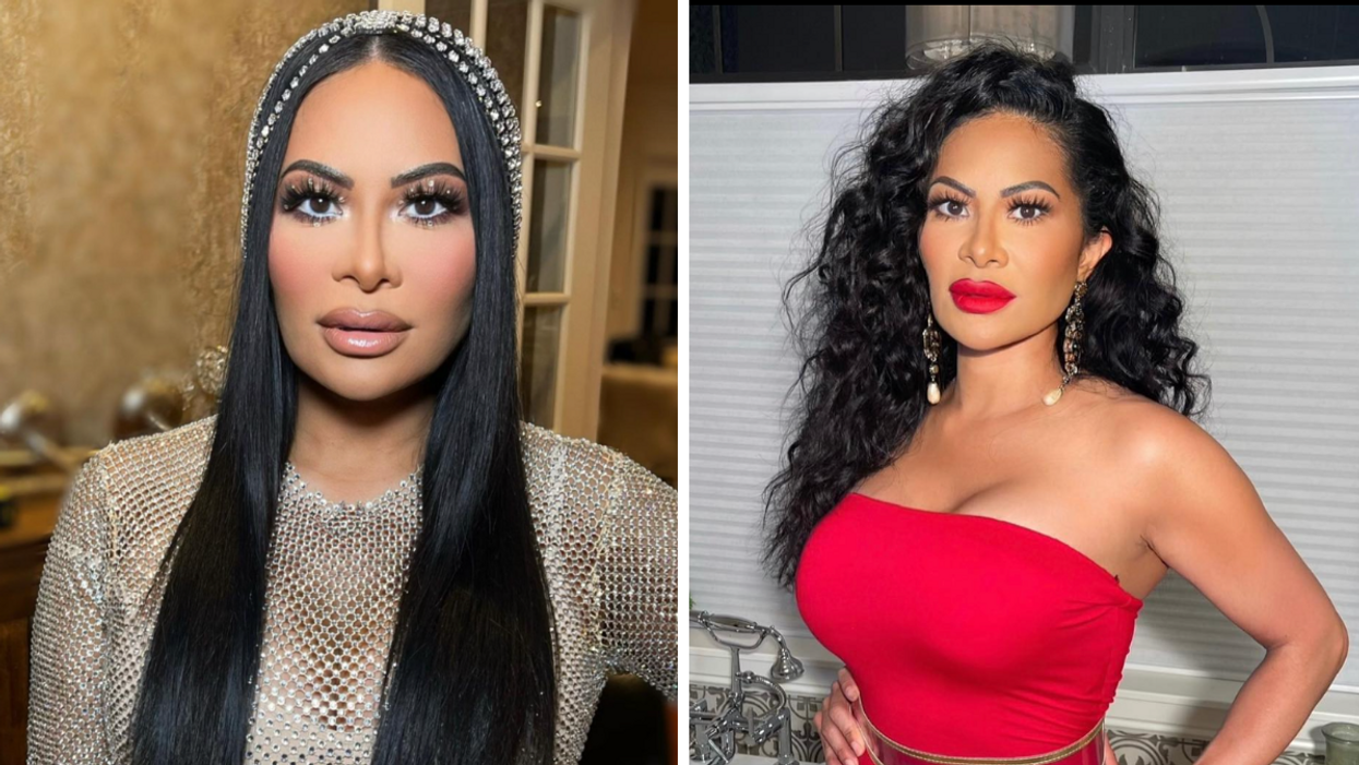 Jen Shah in a dress and a crystal headdress. Right: Jen Shah in a red tube top jumpsuit.