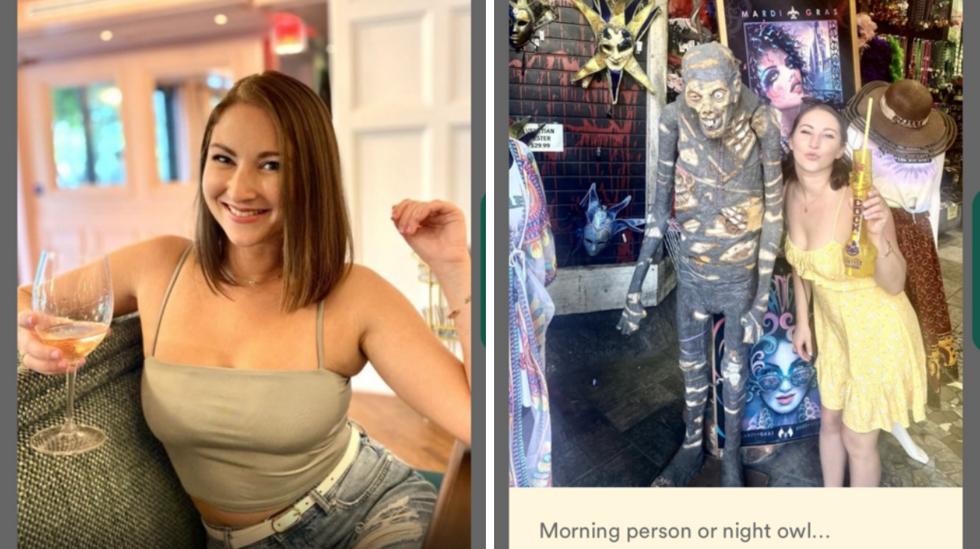 Jenna Kelley with a wine glass. Right: My Bumble BFF account.