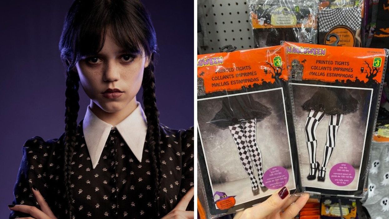 Jenna Ortega as Wednesday. Right: Printed tights at Dollarama.