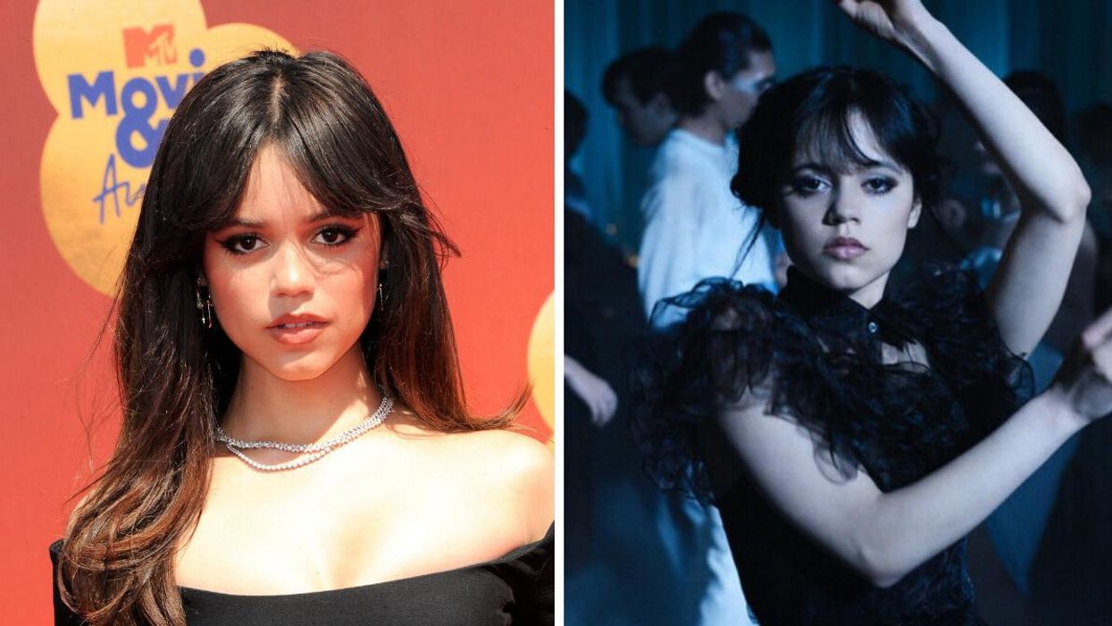 Jenna Ortega at the 2022 MTV Movie and TV Awards. Right: Jenna Ortega as Wednesday Addams.