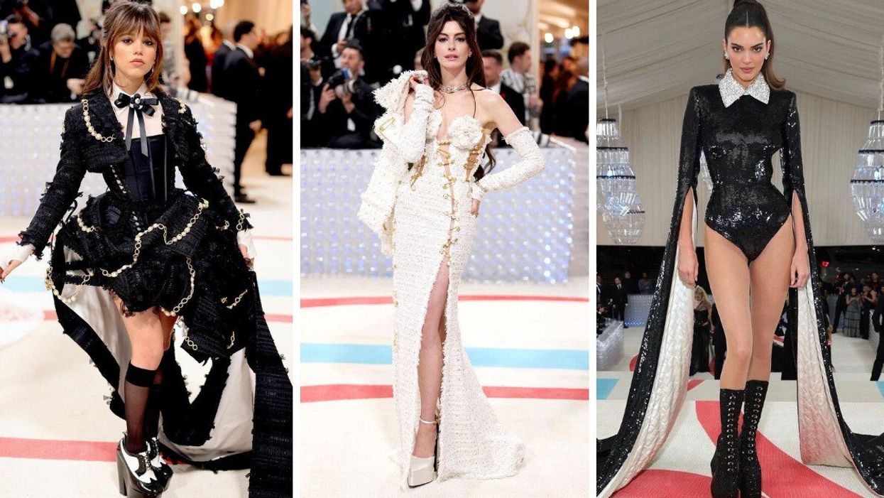 Jenna Ortega at the 2023 Met Gala. Middle: Anne Hathaway at the 2023 Met Gala. Right: Kendall Jenner at the 2023 Met Gala.