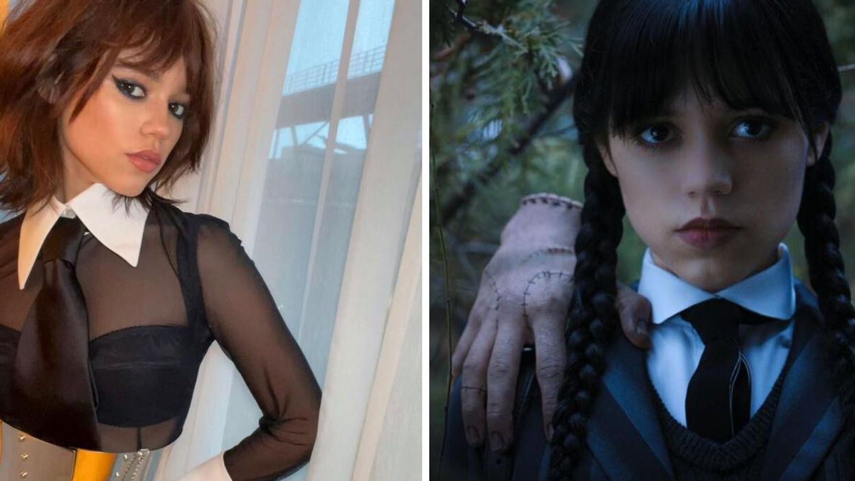 Jenna Ortega. Right: Jenna Ortega as Wednesday Addams.