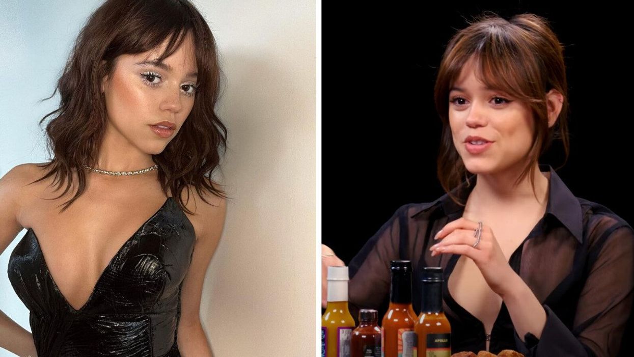 Jenna Ortega. Right: Jenna Ortega during an interview on "Hot Ones."