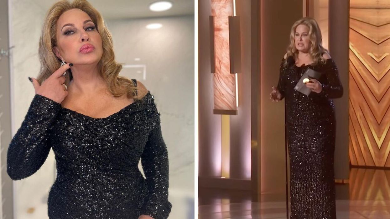 Jennifer Coolidge. Right: Jennifer Coolidge at the 2023 Golden Globes.