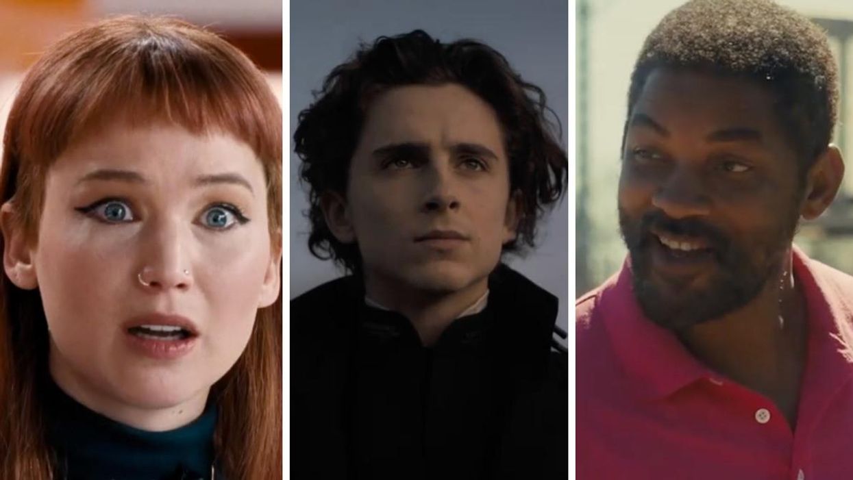 Jennifer Lawrence in 'Don't Look Up'. Middle: Timothée Chalamet in 'Dune'. Right: Will Smith in 'King Richard'.