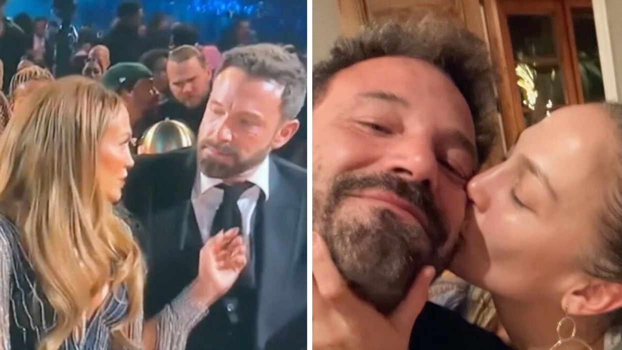 Jennifer Lopez and Ben Affleck at the 2023 Grammy Awards. Right: Ben Affleck and Jennifer Lopez.