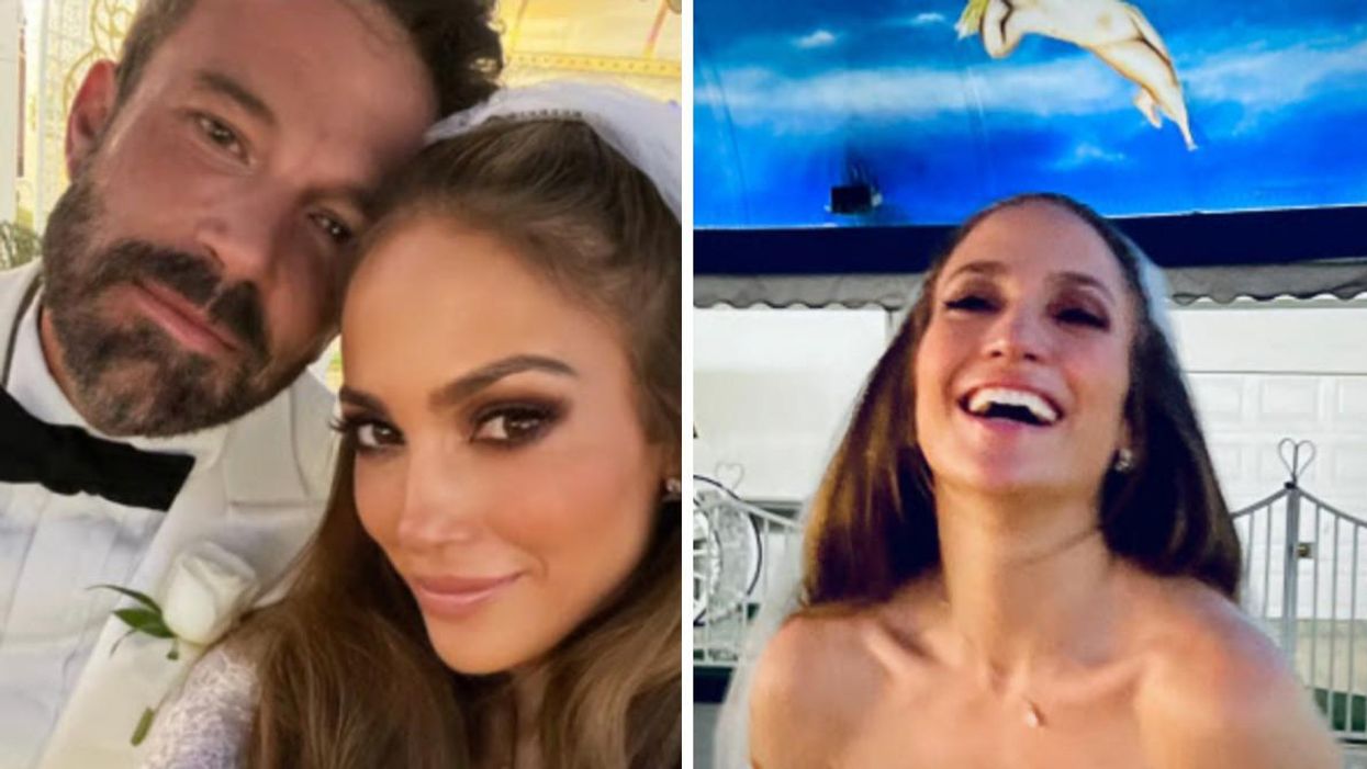 Jennifer Lopez and Ben Affleck on their wedding. Right: Jennifer Lopez on her wedding day.