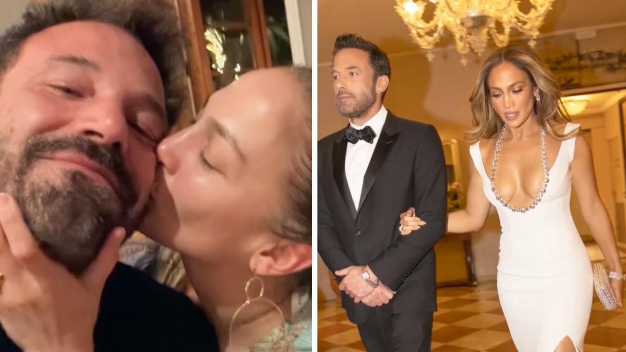 Jennifer Lopez giving Ben Affleck a kiss on the cheek. Ben Affleck and Jennifer Lopez.