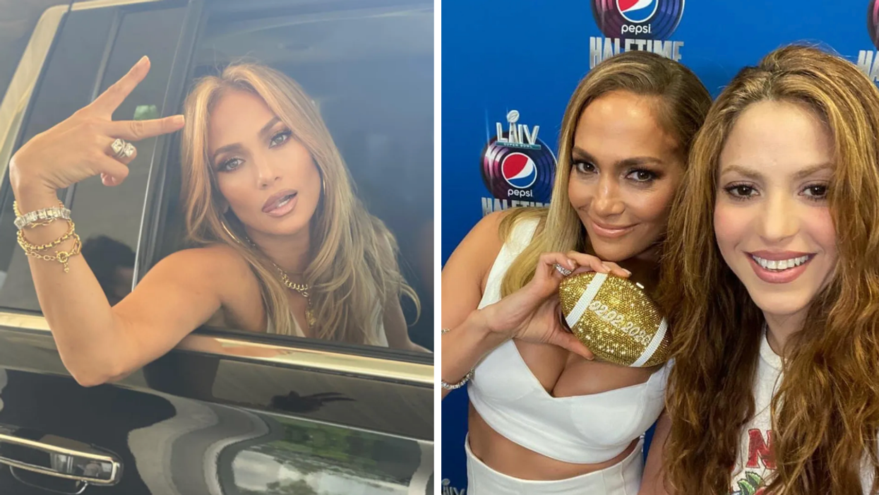 Jennifer Lopez holding up a peace sign gesture. Right: Shakira and Jennifer Lopez doing Halftime press.