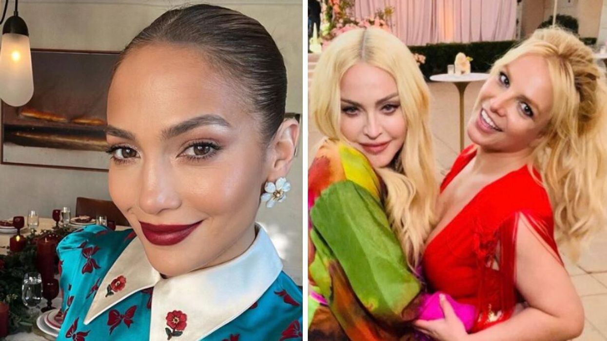 Jennifer Lopez. Right: Madonna and Britney Spears hugging.