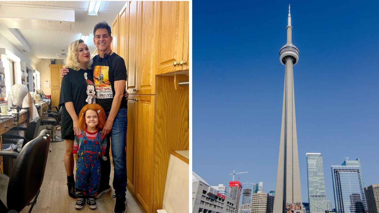 Jennifer Tilly, Don Mancini and Jacob Breedon on set. Right: CN Tower.