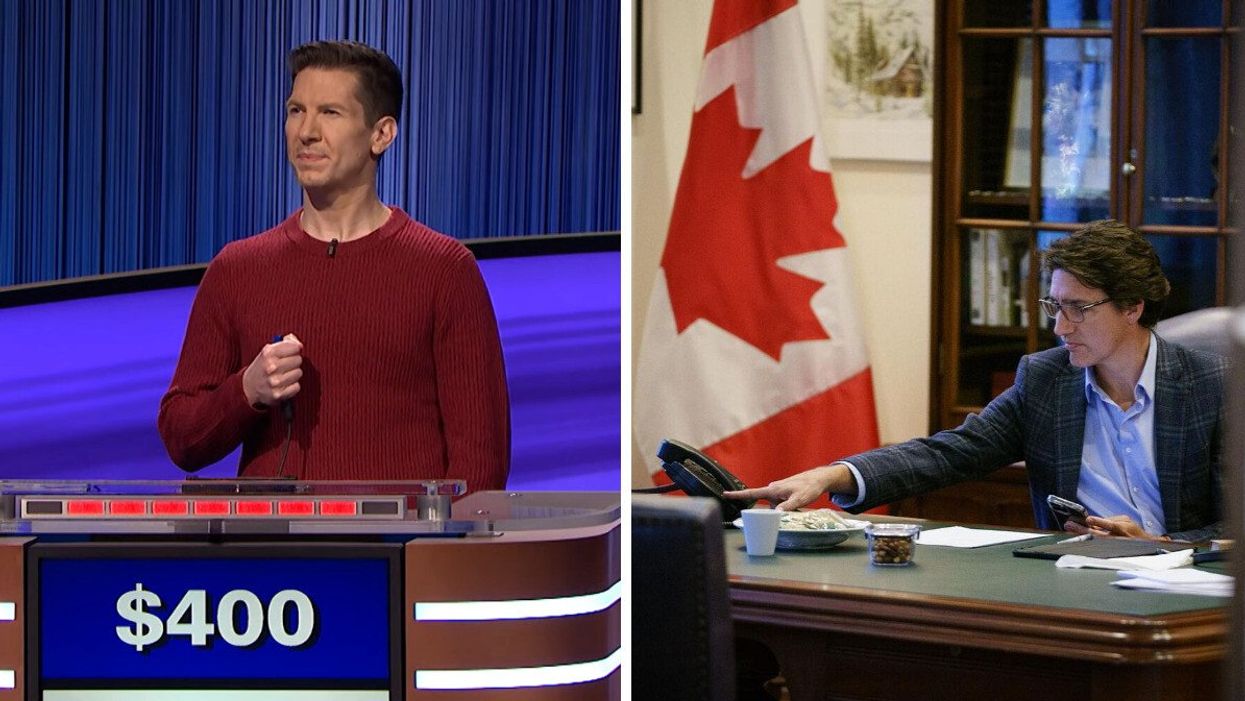 Jeopardy! contestant from February 14, 2023. Right: Justin Trudeau in the prime minister's office.