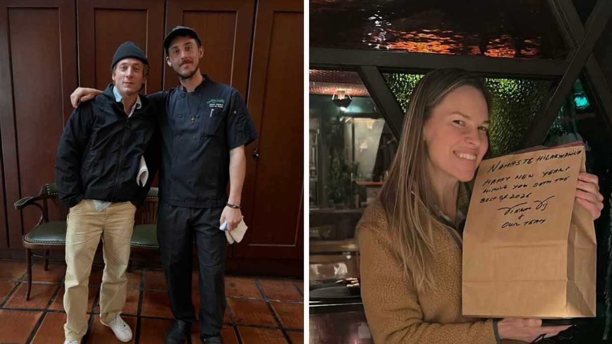 Jeremy Allen White smiling with a chef. Right: Hilary Swank smiling with takeout bag.