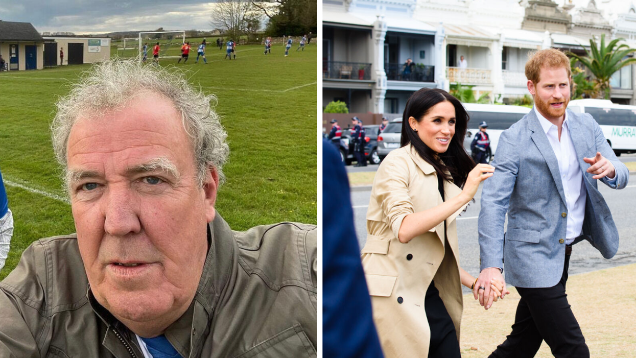 Jeremy Clarkson. Right Meghan Markle and Prince Harry.