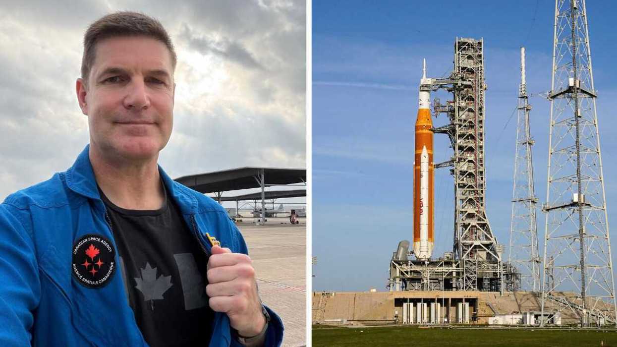 Jeremy Hansen shows off a Canadian flag T-shirt under his blue Canadian Space Agency suit. Right: A NASA rocket on a launch pad.