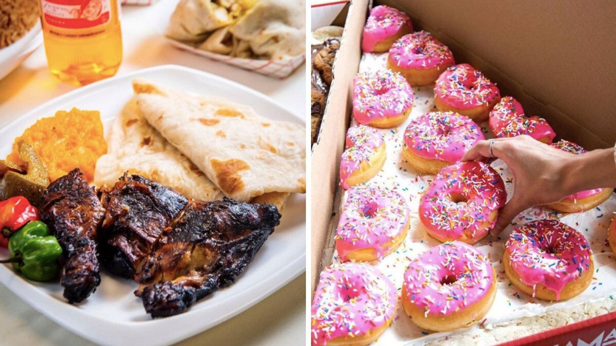 Jerk chicken meal at Mona's Roti. Right: Donut pizza at Lamannas's bakery.
