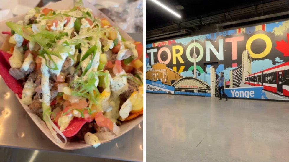 Jerk chicken nachos. Right: A mural near The Stop at the Rogers Centre.