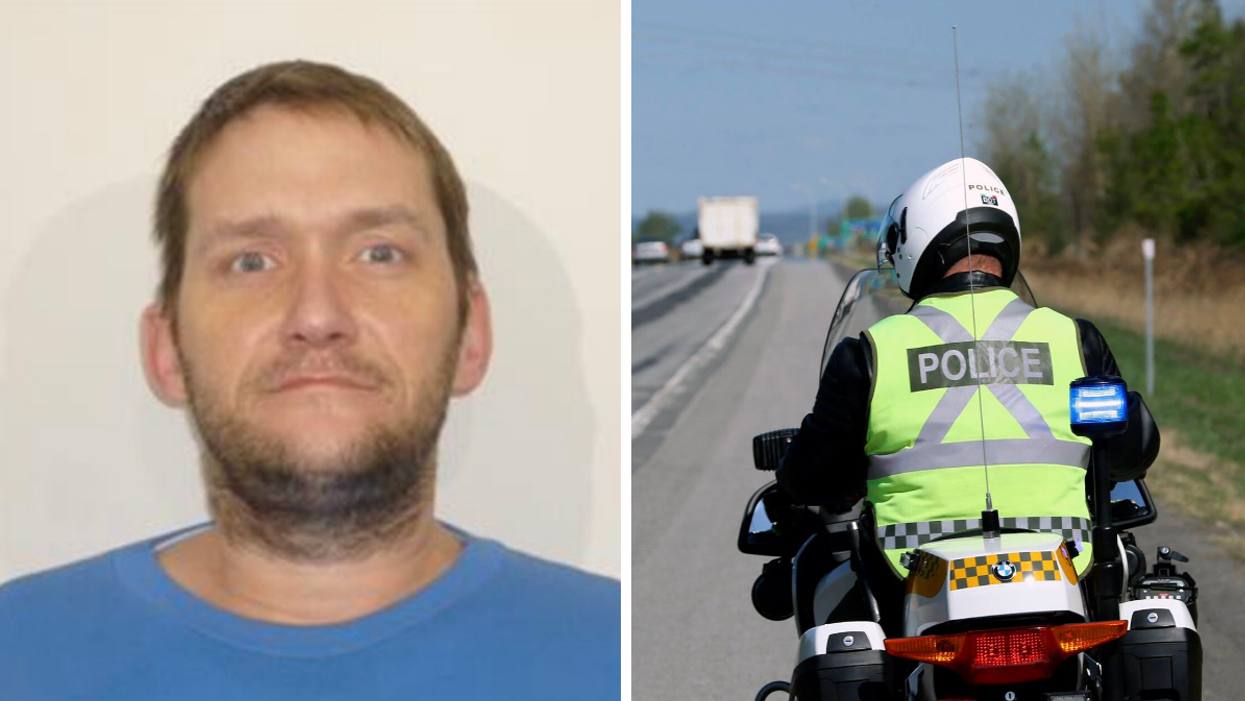 Jérôme-Vincent Vaillancourt. Droite : Policier à moto.
