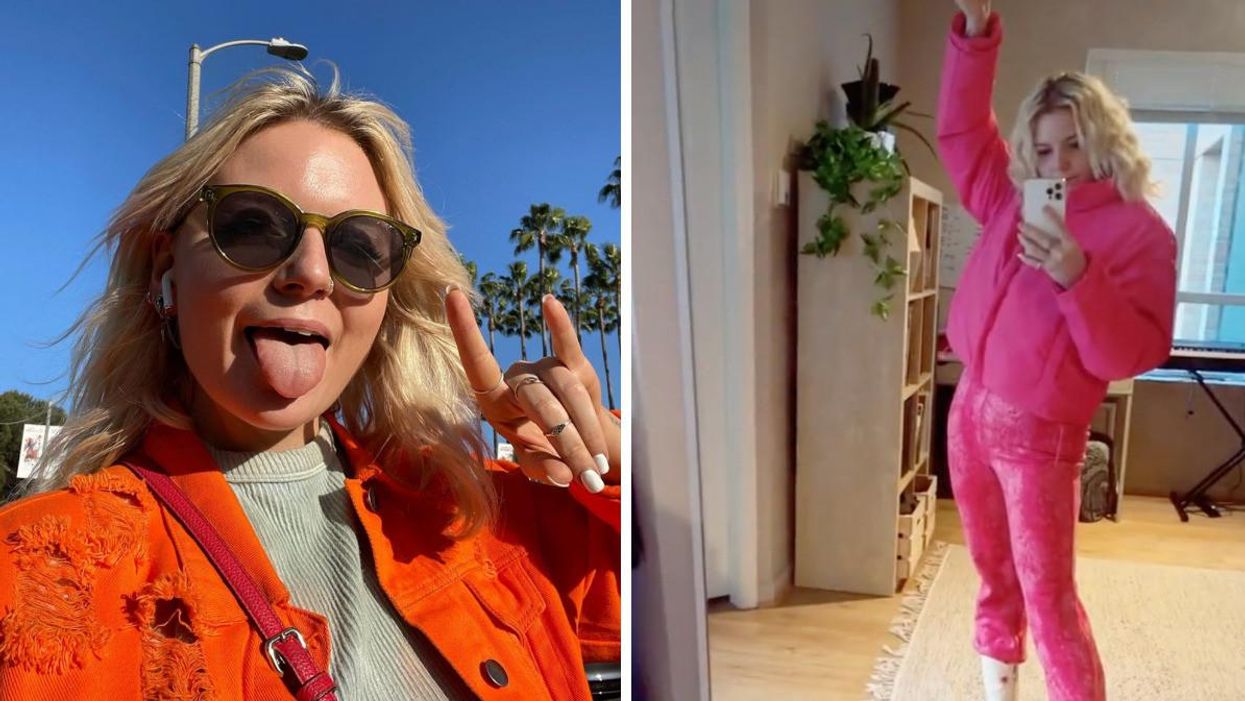 Jessia wearing an orange jacket taking a selfie outside. Right: Jessia wearing all pink posing in a mirror.