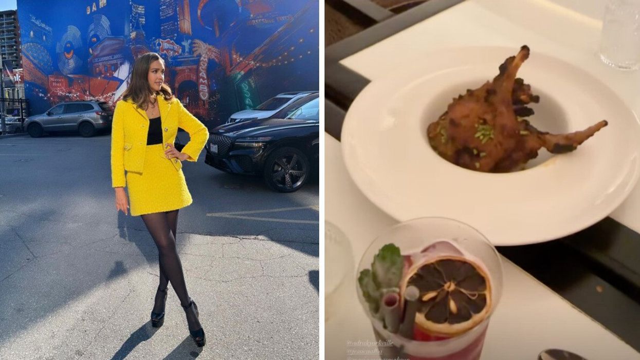 Jessica Alba in Toronto. Right: Food from Adrak Yorkville.