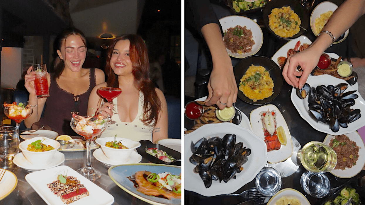 Jessica et Charlie à une soirée fruits de mer à volonté au Restaurant Ophélia. Droite : Certains des plats à volonté au Restaurant Ophélia à Québec.