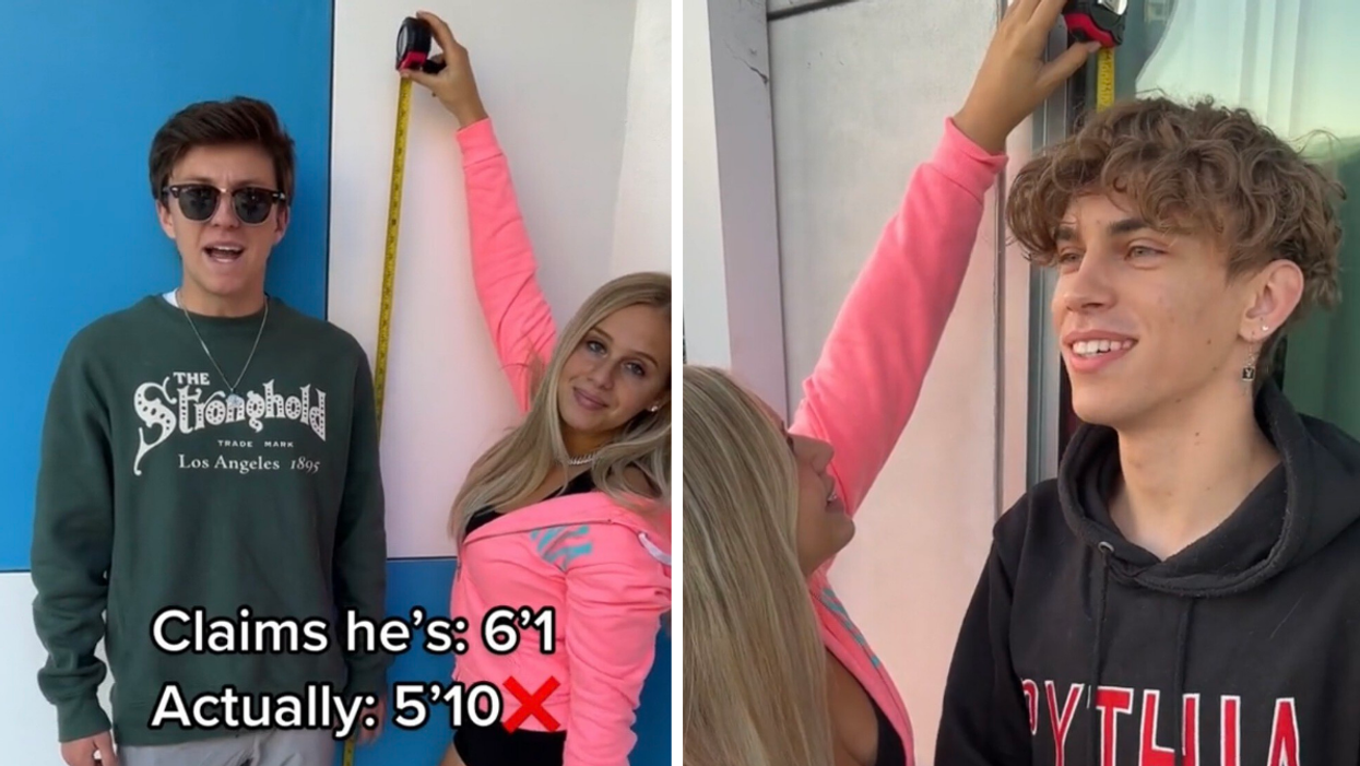 Jessica Palmadessa measuring a man in a green sweatshirt. Right: Palmadessa measuring a man in a black hoodie.