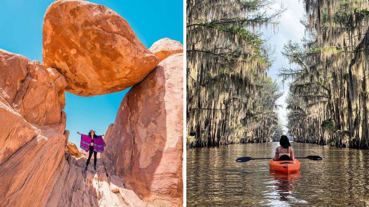 Jessica Serna at Big Bend National Park. Right: A woman kayaks on Caddo Lake.