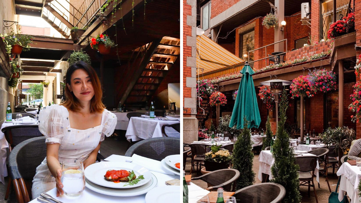 Jeune femme à la terrasse. Droite : Terrasse du Il Cortile.