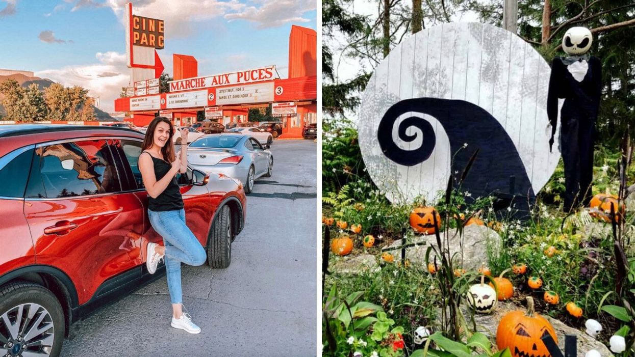 Jeune femme devant le Ciné-Parc St-Eustache. Droite : Décor d'Halloween au Centre de la Nature de Laval.